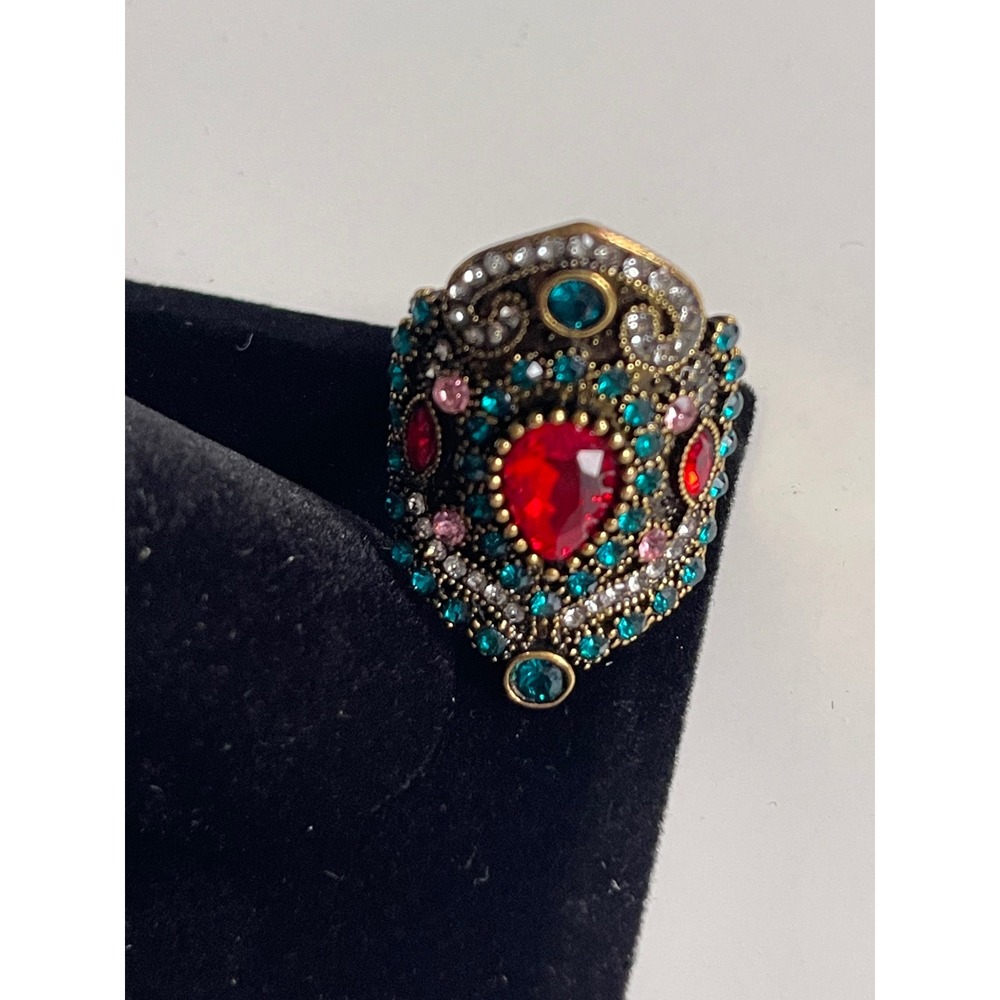 Bohemian Red Teardrop Rhinestone Gold Tone Statement Cocktail Ring Size 7.50
